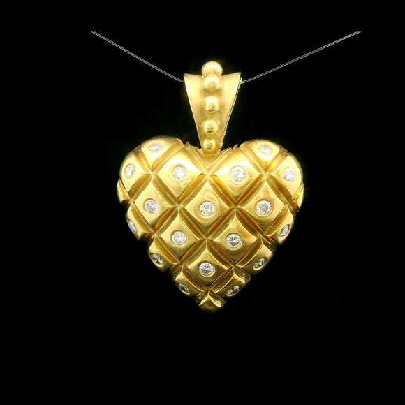 18k Yellow Gold and Diamond 14.2g Solid Vintage Puffed Heart Pendant 1.25