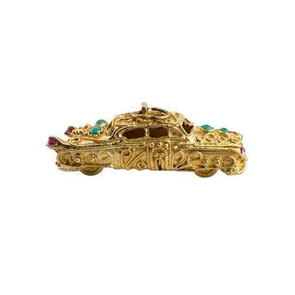 14k Yellow Gold 15.8g Turquoise and Pink Sapphire Vintage Intricate Car Charm