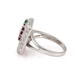 18k White Gold Diamond Emerald and Sapphire Floral Ring Size 6.5