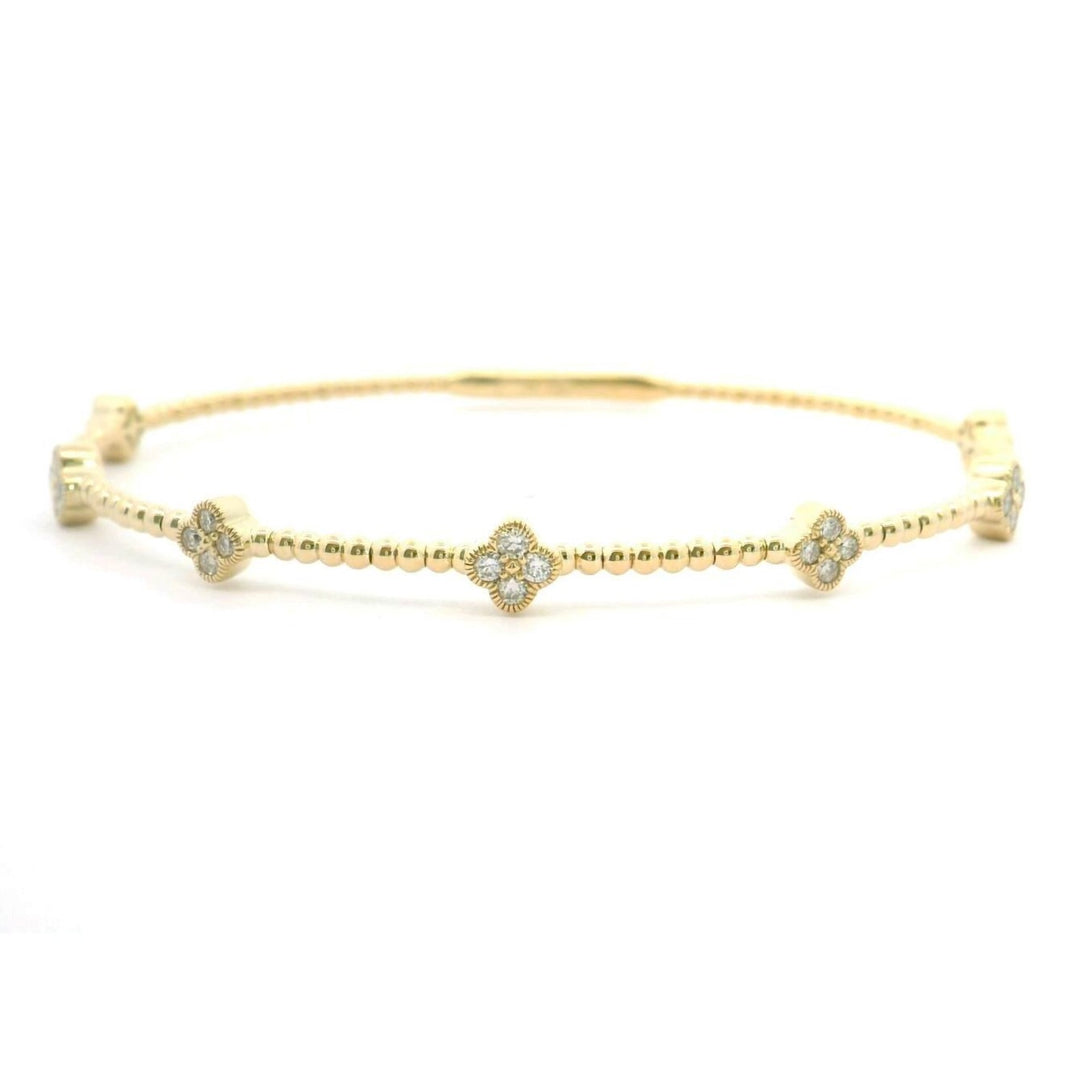 Brand New 14k Yellow Gold and Diamond Clover Station Flex Bangle Bracelet 7"