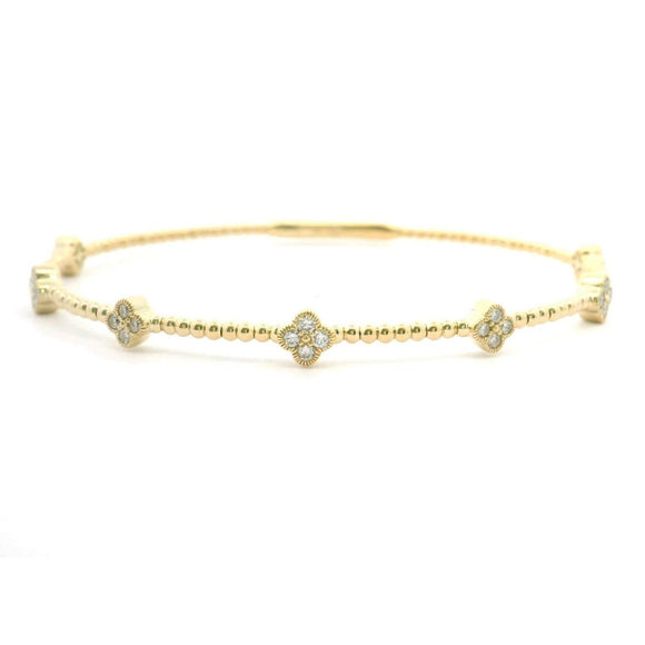 Brand New 14k Yellow Gold and Diamond Clover Station Flex Bangle Bracelet 7