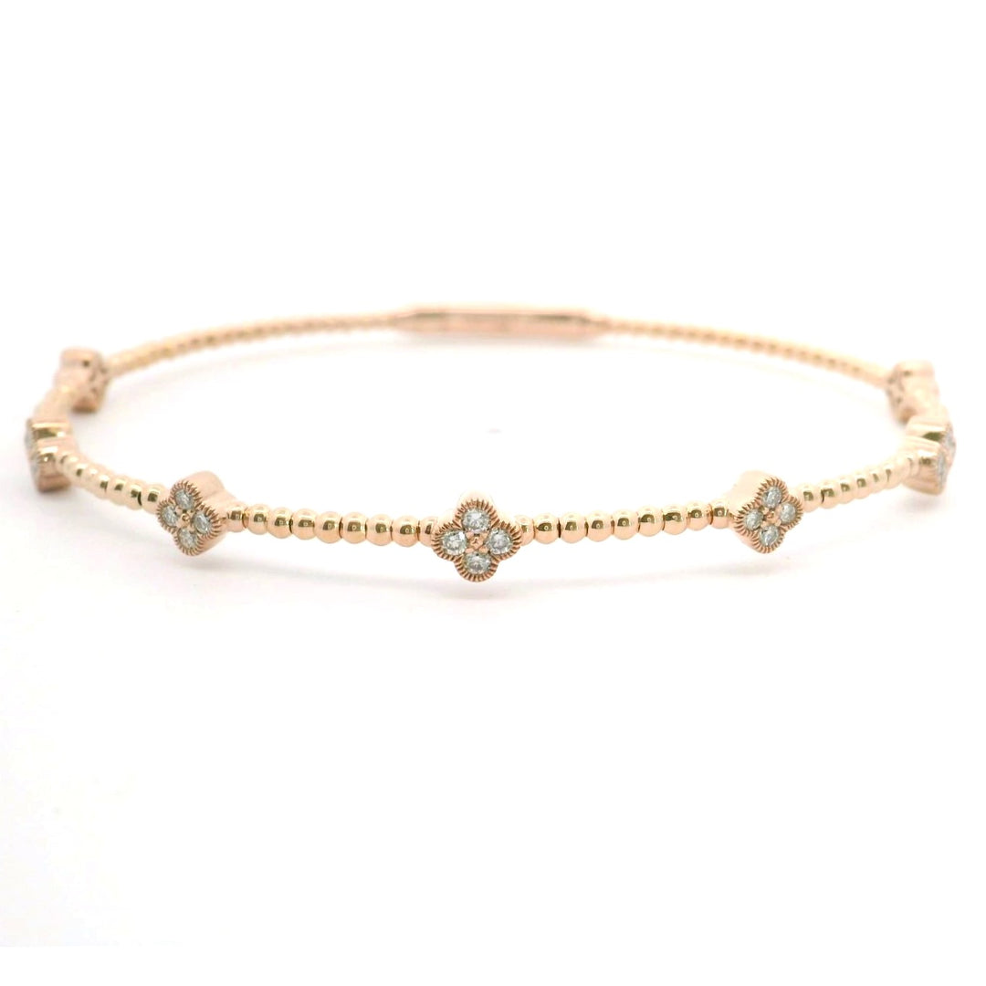 Brand New 14k Rose Gold and Diamond Clover Station Flex Bangle Bracelet 7"