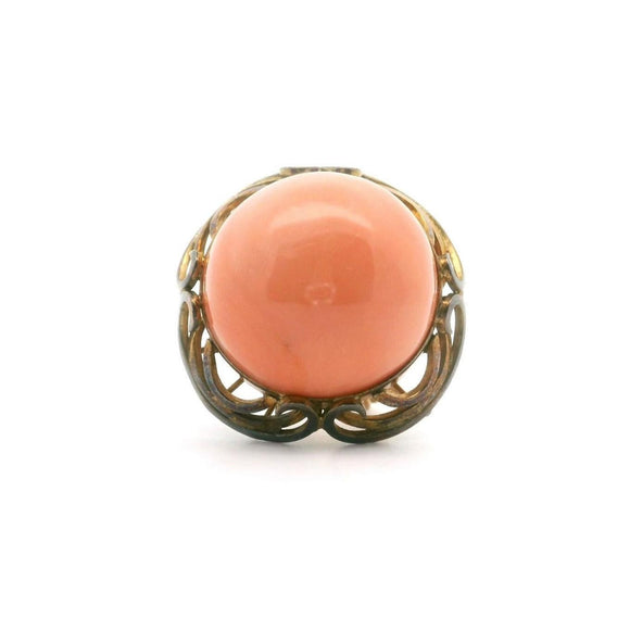 14k Yellow Gold and Cabochon Coral Vintage Cocktail Ring Size 6