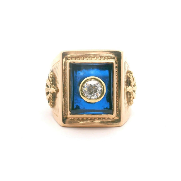 18k Yellow Gold Enamel and Old Mine Cut Diamond Vintage Men's Ring Size 11