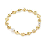 Mikimoto Akoya Pearls and 18k Yellow Gold Round Wheel Link Bracelet 8"