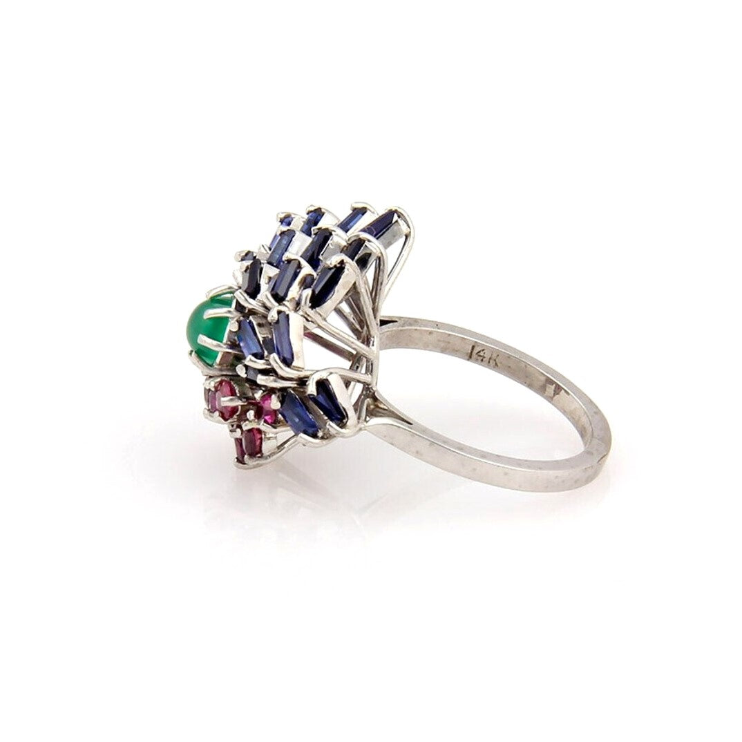 14k White Gold Sapphire Ruby and Emerald Vintage Cocktail Ring Size 6.5