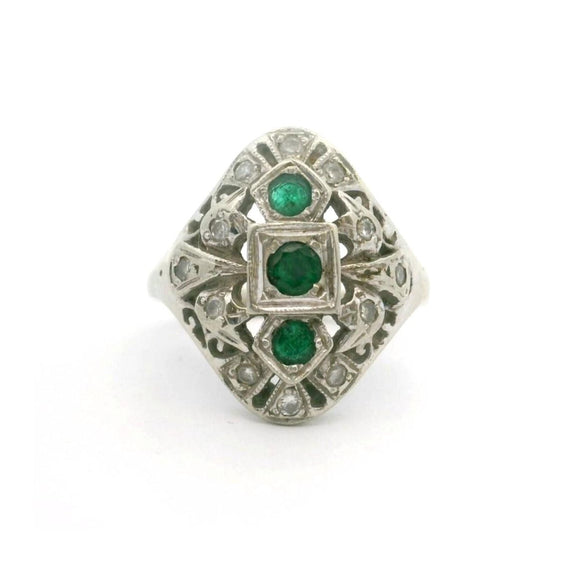 14k White Gold Three Emerald and Diamond Vintage Fancy Ring Size 6.25