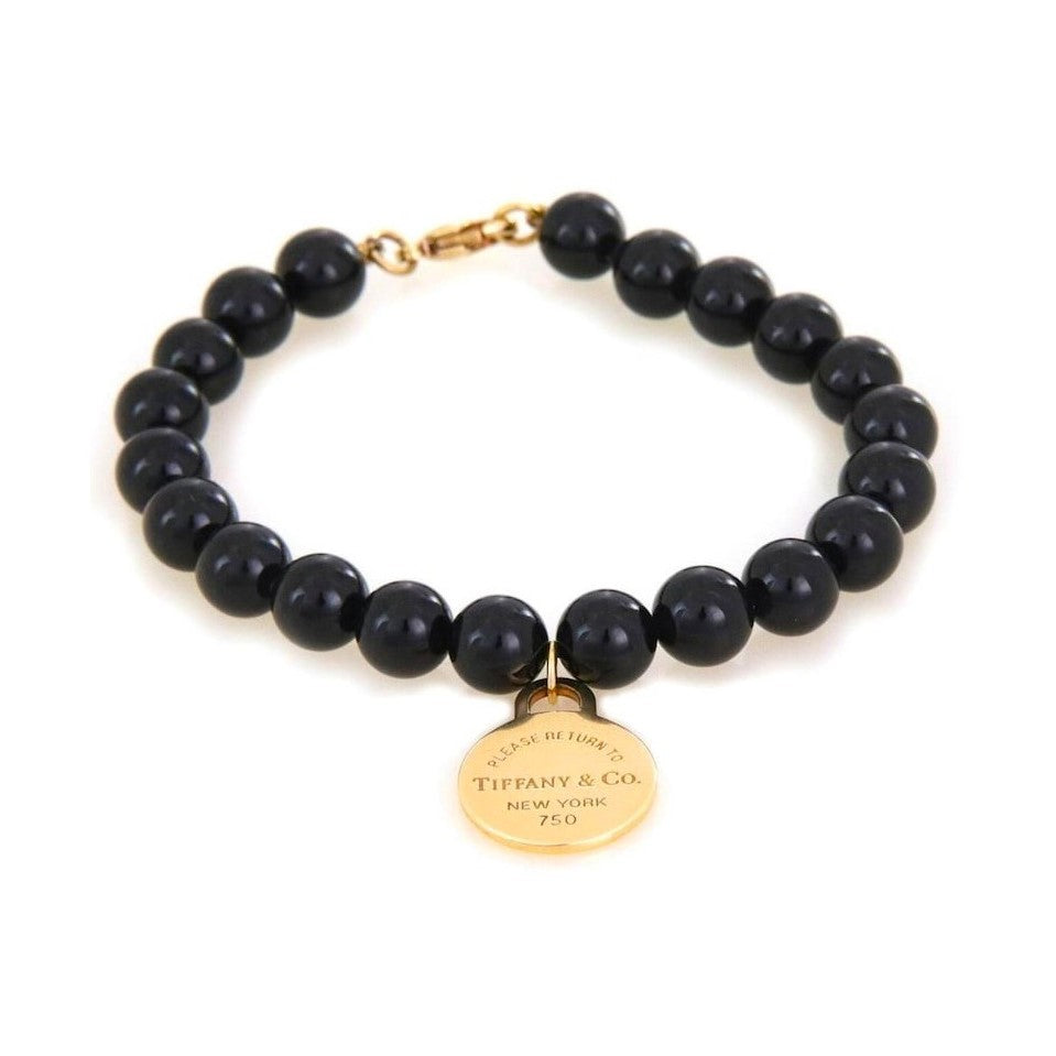 Tiffany & Co. 18k Yellow Gold and Onyx Bead 8mm Return to Tag Charm Bracelet 7.5"