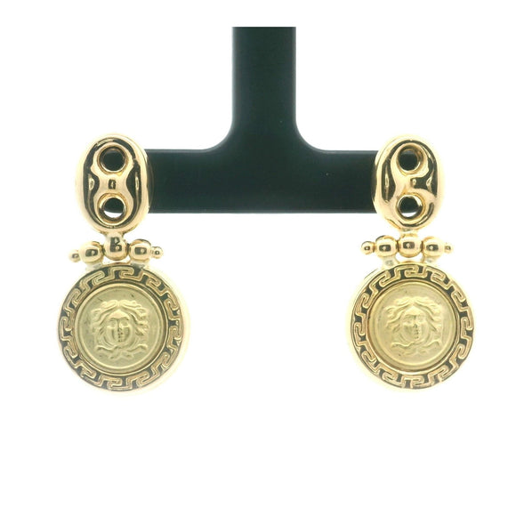 18k Yellow Gold 8g Mariner Link Medusa Greek Key Dangle Earrings