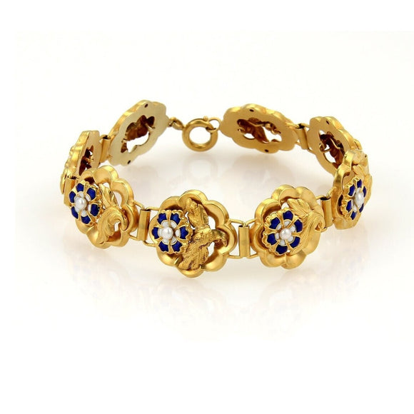 14k Yellow Gold Blue Enamel & Seed Pearl Vintage Rose Link Bracelet 7.5