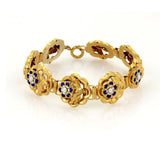 14k Yellow Gold Blue Enamel & Seed Pearl Vintage Rose Link Bracelet 7.5"