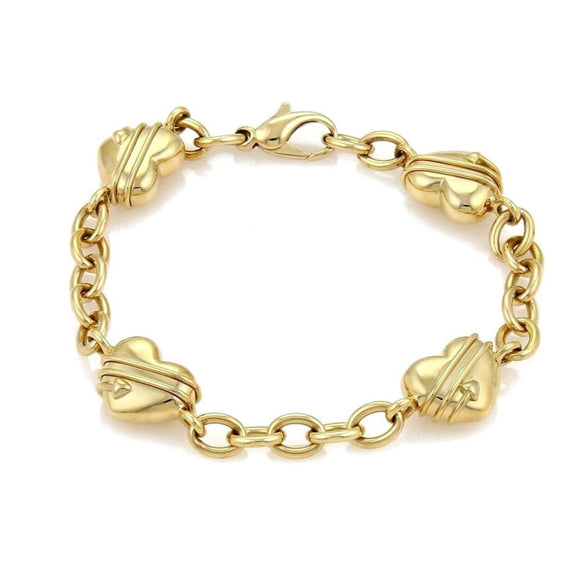 Tiffany & Co. 18k Yellow Gold Cupid Four Heart Charms Oval Link Bracelet 8.25