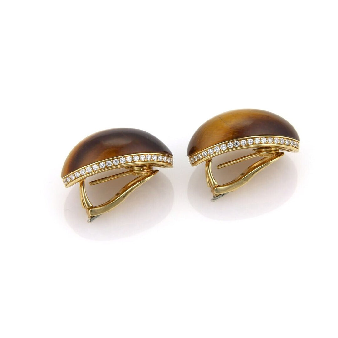 Roberto Coin Tiger's Eye and Diamonds 18k Yellow Gold Oval Earrings Italy
