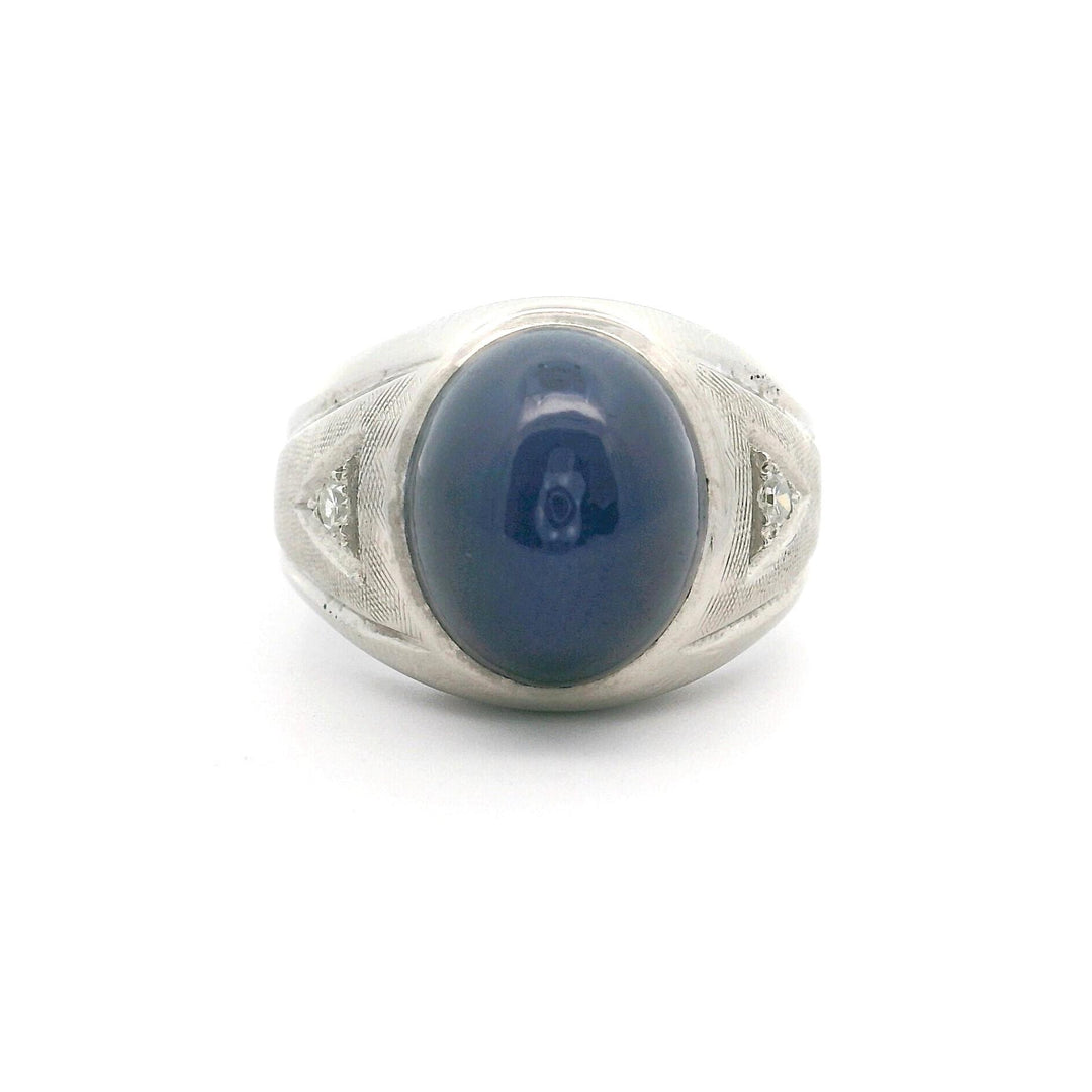 14k White Gold Blue Star Sapphire and Diamond Men's Vintage Ring Size 8.5