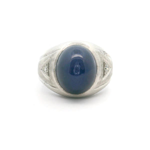 14k White Gold Blue Star Sapphire and Diamond Men's Vintage Ring Size 8.5