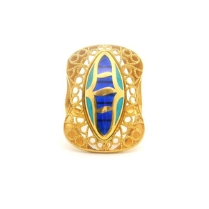 21k Yellow Gold and Enamel 5.9g Large Intricate Ring Size 6.5