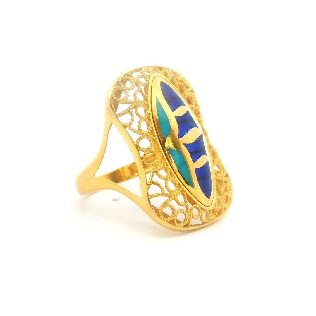 21k Yellow Gold and Enamel 5.9g Large Intricate Ring Size 6.5