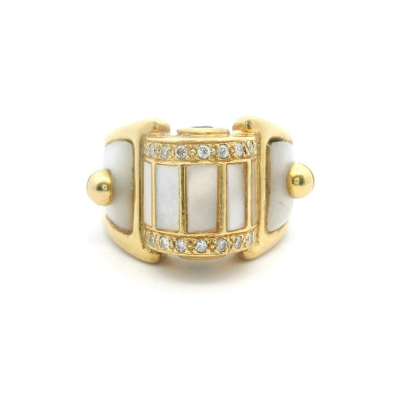 18k Yellow Gold 15g Mother of Pearl Diamond and Sapphire Ring Size 7.25