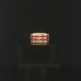 18k Yellow Gold Ruby and Diamonds Vintage Solid Band Ring Size 7.75