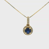 Brand New 14k Yellow Gold Sapphire and Diamond Halo Pendant Necklace 18"