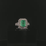 14k White Gold 2.95ct Natural Emerald and Diamond Halo Ring Size 7