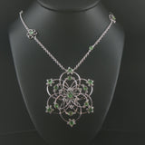 Salavetti 18k White Gold Tsavorite and Diamond Large Floral Pendant Necklace 16"