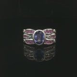 LeVian 18k White Gold Tanzanite Pink Sapphire and Diamond Band Ring Size 6.5