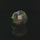 14k Yellow Gold Enamel and Diamond Vintage Swirl Ring Size 6.75