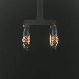 14k Yellow Gold and Enamel 14.5g Large Thick Floral Hoop Earrings Italy 1.75"