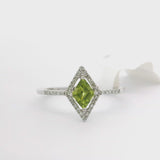 Brand New Peridot and Diamond Halo Ring in 14k White Gold Size 7