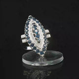 14k White Gold Blue Sapphire and Diamond Large Vintage Ring Size 7