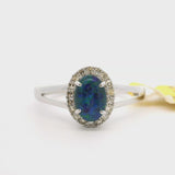 Brand New Blue &amp; Green Cabochon Opal Diamond Halo Ring 14k White Gold