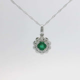 Brand New 14k White Gold Emerald and Diamond Halo Pendant Necklace 18"