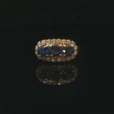 18k Yellow Gold Three Stone Blue Sapphire and Diamond Halo Ring Size 6.75