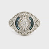 Brand New Sapphire &amp; Diamond Art Deco Style Ring 14k White Gold Size 6.5