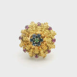 18k Yellow Gold Emerald Blue and Pink Sapphire Floral Cocktail Ring Size 7