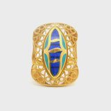 21k Yellow Gold and Enamel 5.9g Large Intricate Ring Size 6.5