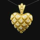 18k Yellow Gold and Diamond 14.2g Solid Vintage Puffed Heart Pendant 1.25"