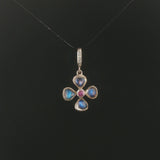 14k White Gold Rainbow Moonstone Pink Sapphire Diamond Vintage Clover Pendant