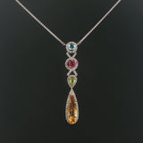 14k White Gold Multi Gemstone and Diamond Drop Pendant Station Necklace 18"