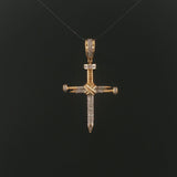 10k Yellow and White Gold Diamond Vintage Nail Cross Pendant 2"