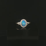 14k White Gold Cabochon Opal and Diamond Halo Ring Size 10