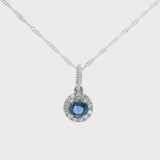 Brand New 14k White Gold Sapphire and Diamond Halo Pendant Necklace 18"