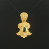 18k Yellow Gold 11g Cabochon Emerald and Diamond Heavy Vintage Pendant 1.5"
