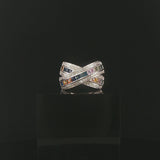 14k White Gold Rainbow Sapphire and Diamond Crossover Band Ring Size 8