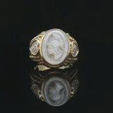 Judith Ripka 18k Yellow Gold Mother of Pearl and Diamond Intaglio Ring Size 9
