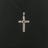 14k White Gold Sapphire and Diamond Vintage Filigree Cross Pendant 1.5"