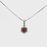 Brand New 14k White Gold Ruby and Diamond Halo Pendant Necklace 20"