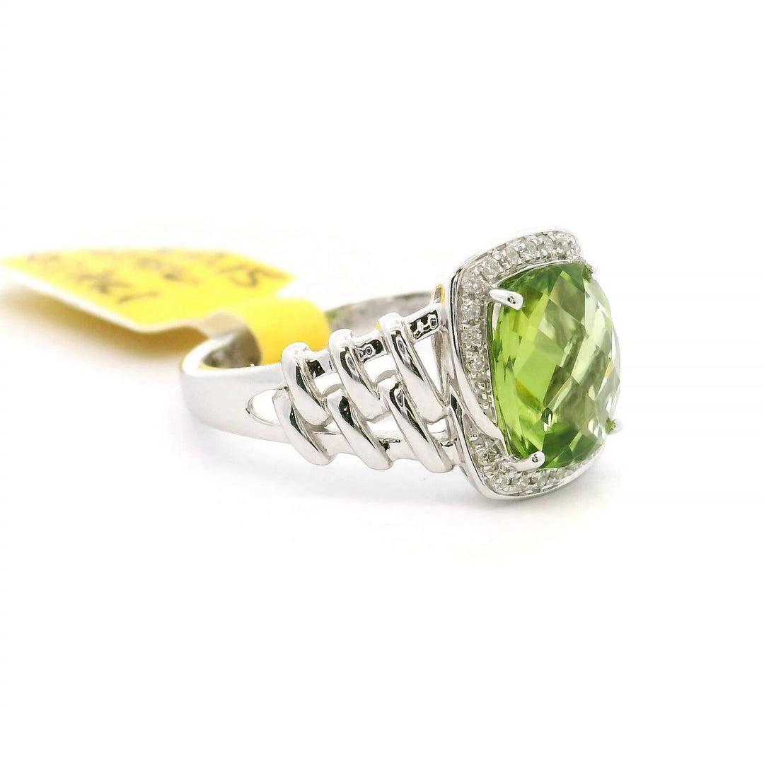 Brand New Peridot and Diamond Fancy Halo Ring in 14k White Gold Size 7