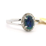 Brand New Blue &amp; Green Cabochon Opal Diamond Halo Ring 14k White Gold